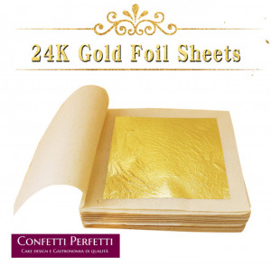 Set di 100 Foglia Oro Zecchino 24 carati 4.33 x 4.33 cm. Edibile per Alimenti