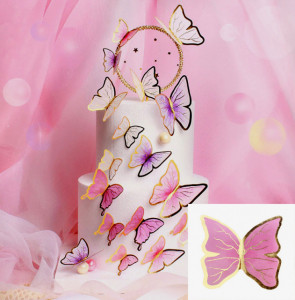 Farfalle volanti con Ali Rosa e bordi Oro. Sagoma Cake Topper