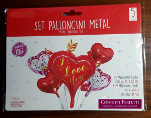 I Love you e Cuore. Set di 5 Palloncini Foil Mylar di 70 e 45 cm + Nastrino