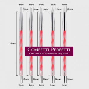 5 Pennelli Fini Rosa con piccoli Ball Tool. Spessore 4 mm altezza Punta 8 - 9 - 12 e 13 mm. Pennello in Silicone
