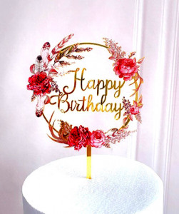 Buon Compleanno in cerchio di Fiori Rossi. Happy Birthday. Cake Topper
