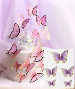 Farfalle volanti con Ali Lilla e bordi Oro. Sagoma Cake Topper