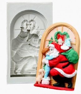 Grande Babbo Natale con sacco regali e Bambino. Santa Claus Window Silicone Mold. Stampo silicone