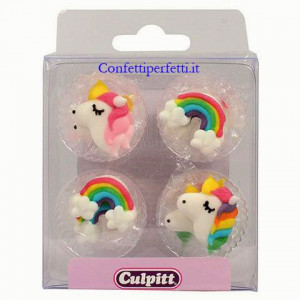 Unicorno. Set di 12 decorazioni in zucchero a tema Unicorno e Arcobaleno. Culpitt