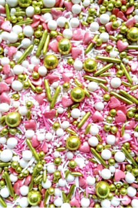 Sprinkle Glitter di Zucchero. Cuori Rosa Natale e Perle Oro. Key to Your Heart. 100 gr.