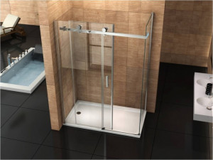 Box doccia con anta fissa e porta scorrevole vetro 8mm trasparente "045F"