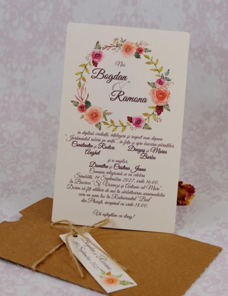 Invitatie de nunta florala crem cu plic natur 22153