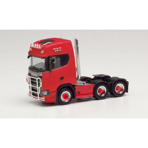HERPA 1:87 - Scania CS 20 high roof 6×2 tractor with pipes, lamp bracket, fanfare, and impact protection, red
