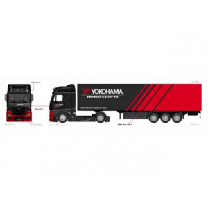 BBURAGO 1:43 - MERCEDES BENZ ACTROS GIGASPACE STREET FIRE HAULERS WITH TRAILER *YOKOHAMA*, RED/BLACK
