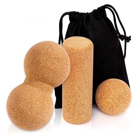 Set masaj TRIO, cilindru, duoball si minge din pluta pentru yoga, pliates si kinetoterapie