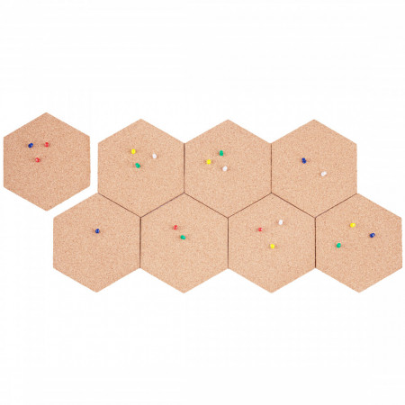 Avizier hexagoane din pluta cu autoadeziv, push pins, set 8buc