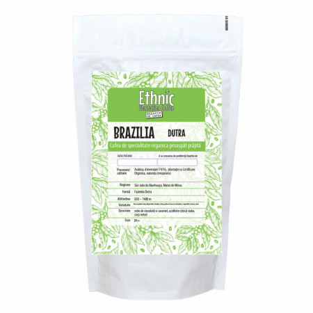 Cafea ecologica de specialitate prajita si macinata Arabica BRAZILIA DUTRA 250g plic, lot 202 RO-ECO-008
