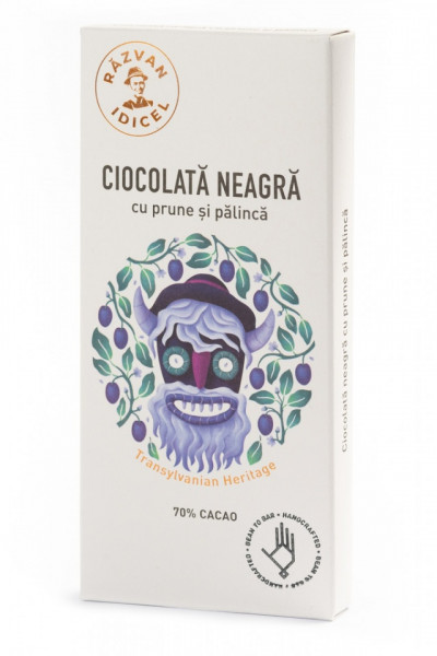 Tabletă Artizanala de Ciocolată neagră 70% cacao cu prune și pălincă Răzvan 80g
