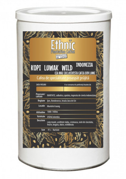 Cafea prajita boabe RARITATE KOPI LUWAK WILD Arabica 150g cutie metalica