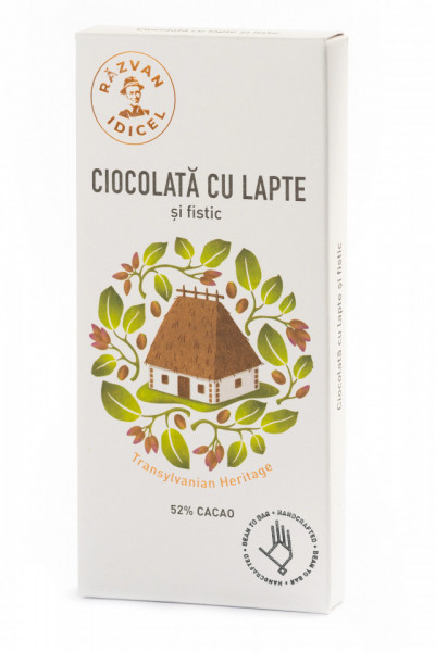Tabletă Artizanala de Ciocolată cu lapte 5% cacao cu fistic Răzvan 80g