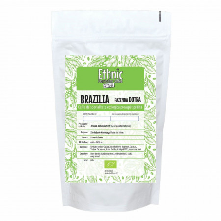 Cafea ecologica de specialitate prajita boabe Arabica BRAZILIA DUTRA 500g plic, lot 202 RO-ECO-008.