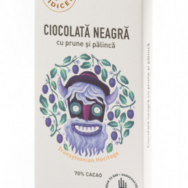 Tabletă Artizanala de Ciocolată neagră 70% cacao cu prune și pălincă Răzvan 80g