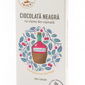 Tabletă Artizanala de ciocolată neagră 70% cacao cu vișine și vișinată 80g Răzvan