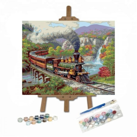Pictura pe numere cu tren pe un pod in munti pe sevalet