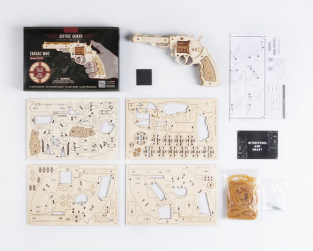 Puzzle 3D lemn Pistol continut cutie