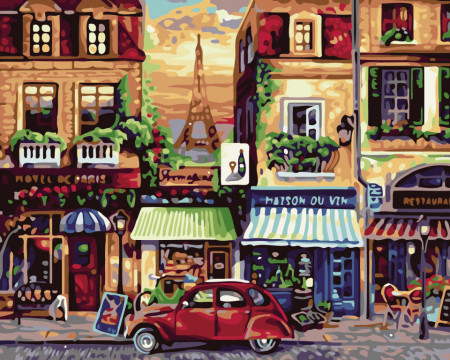 Pictura pe numere cu cafenele si Turnul Eiffel din vechiul Paris
