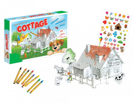 Set constructie si colorat Catelus la ferma cu casuta si creioane