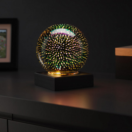 Lampa foc de artificii aprinsa seara pe noptiera