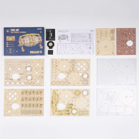 Puzzle 3D lemn Calendar si ceas de birou continut