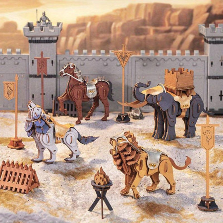 Puzzle 3D lemn Warrior Lion lup elefant si cal