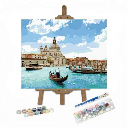 pictura pe numere cu gondola pe canalele din Venetia pe sevalet
