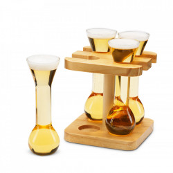 Set 4 mini pahare eprubeta din sticla cu suport din lemn