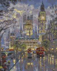 Pictura pe numere cu autobuz rosu si Big Ben in Londra
