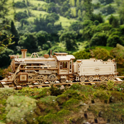 Puzzle 3D lemn Locomotiva cu aburi pe sina