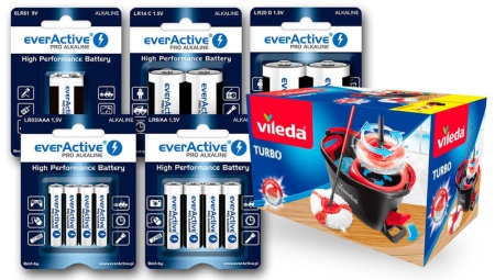 PACHET PROMO- Baterii alcaline alcaline EverActive Pro 288 buc LR6, 288 buc LR03, 20 buc 6LR61, 24 buc LR14, 24 buc LR20 + Vileda Mop
