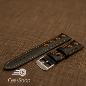 Curea piele GRAND PRIX captusită pe jumătate neagra cusaturi portocalii 22mm - 42207