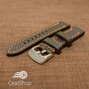 Curea piele fibra carbon neagra cusatura portocalie 24mm - 37019