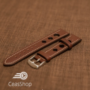 Curea piele GRAND PRIX maro inchis cusaturi albe 18mm - 41958