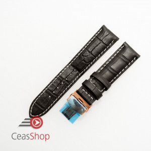 Curea piele vitel captusita negră cu cusătură albă și deployant rose gold 22 mm
