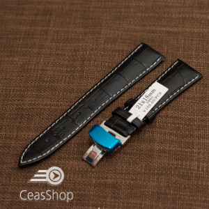 Curea piele deployant neagra cusatura alba 21 mm