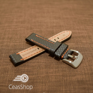 Curea piele fibra carbon neagra cusatura portocalie 24mm - 37019
