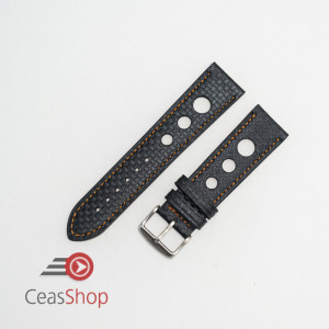 Curea piele GRAND PRIX fibra carbon neagra, cusături portocalii 18mm - 38216