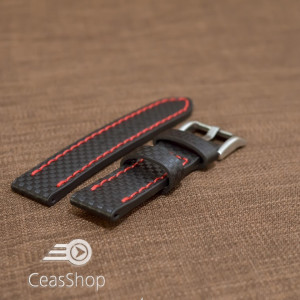 Curea piele fibra carbon neagra cusatura rosie 24mm - 37017