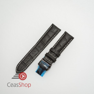 Curea piele vitel captusita negră cu cusătură albă și deployant negru 22 mm