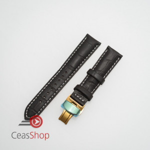 Curea piele vitel captusita negră cu cusătură albă și deployant auriu 18 mm