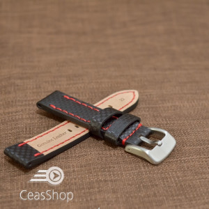 Curea piele fibra carbon neagra cusatura rosie 24mm - 37017