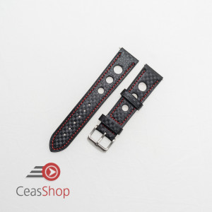 Curea piele GRAND PRIX fibra carbon neagra, cusături roșii 20mm - 37852