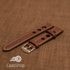 Curea piele GRAND PRIX maro inchis cusaturi albe 18mm - 41958