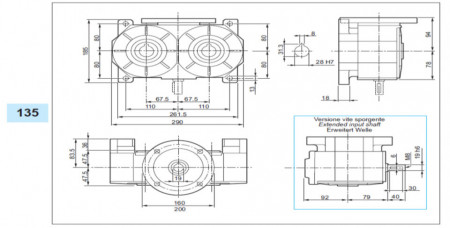 Reductor melcat cu iesire dubla tip VI 135 i=40 80 12.5rpm Nm186 H=28 |0.8kw 500rpm