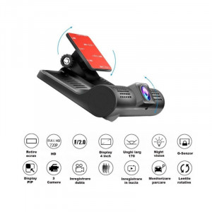CAMERA VIDEO PROFESIONALA AUTO TRIPLA, FULL HD, 3 CAMERE, DISPLAY 4", G SENZOR, 170 GRADE