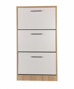 Pantofar Arezzo cu trei sertare, stejar alb si alb, 63x24x117 cm